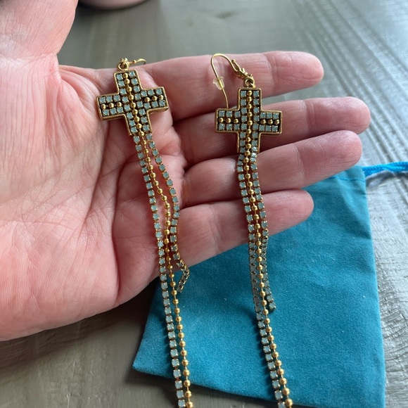 Virgins Saints & Angels Jewelry - Virgins Saints and Angels dangle earring seafoam cross chandelier gold aqua RARE